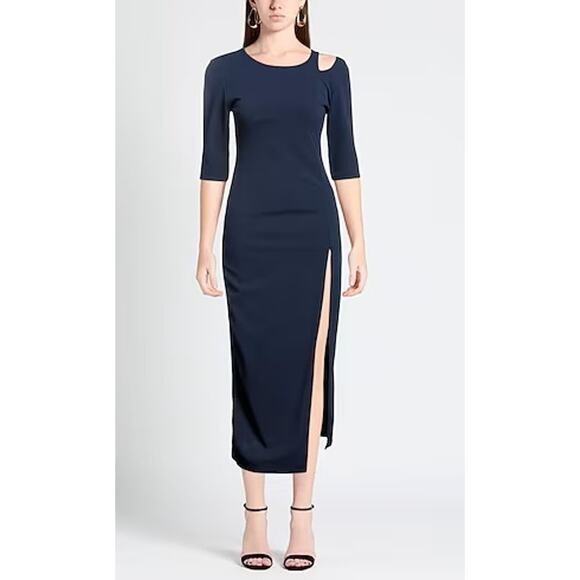 Vanessa Scott Navy Blue Midi Dress Shoulder Cut Out Slit Detail Size Large NWT - Picture 1 of 10